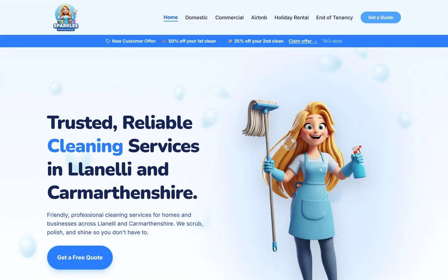 Sparkles Cleaning Services website on a desktop screen