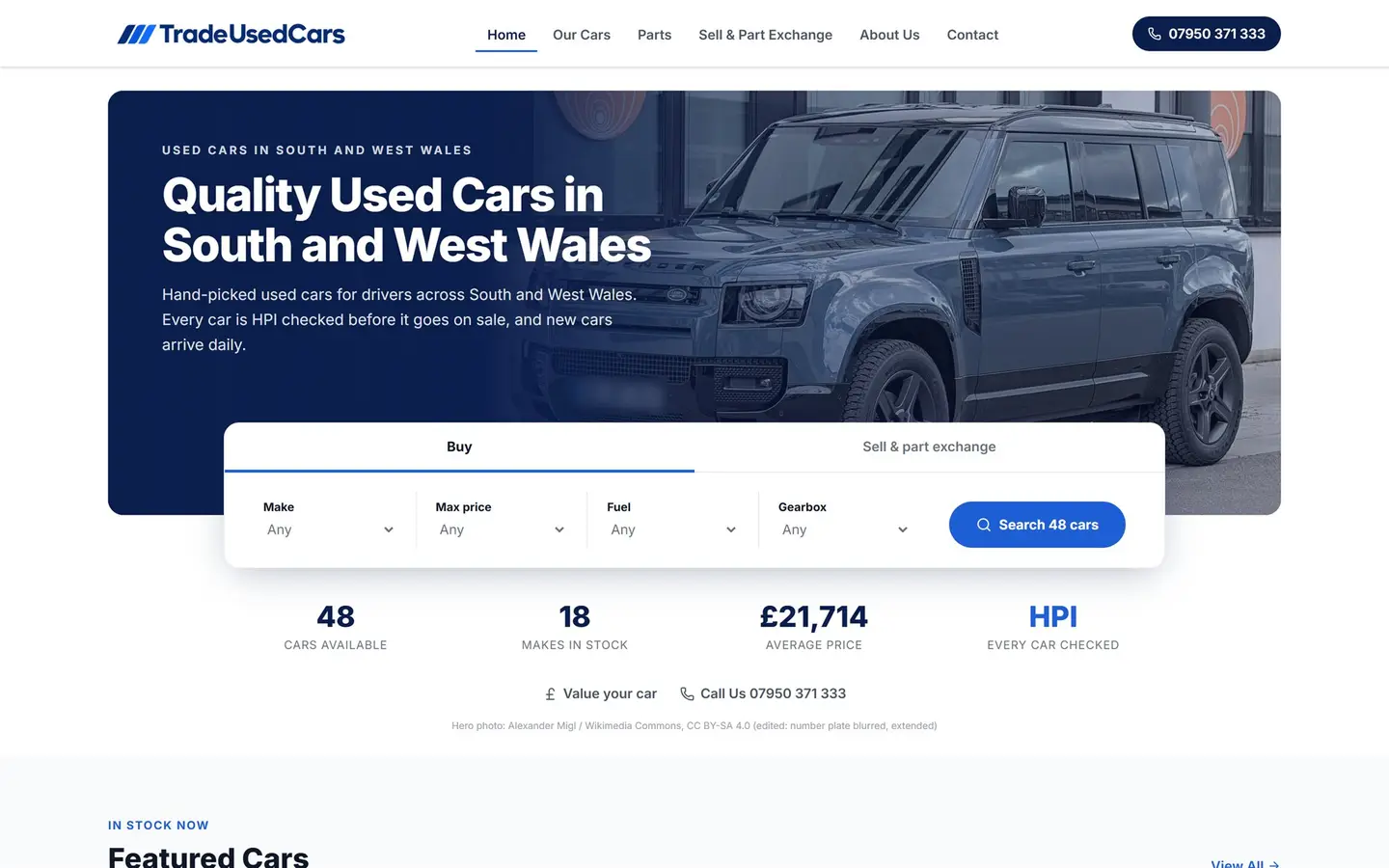 Trade Used Cars website on a desktop screen