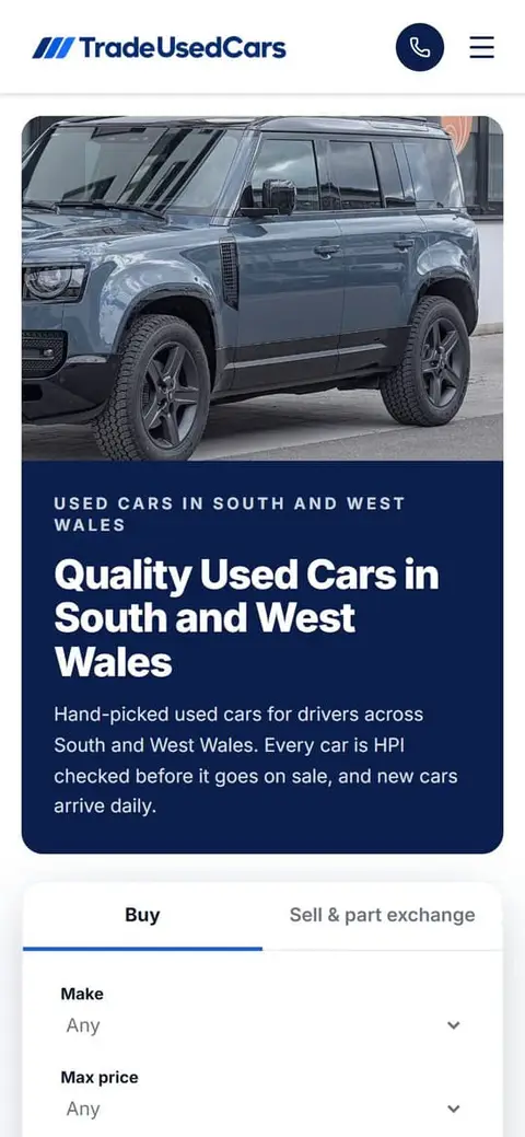 Trade Used Cars website on a phone